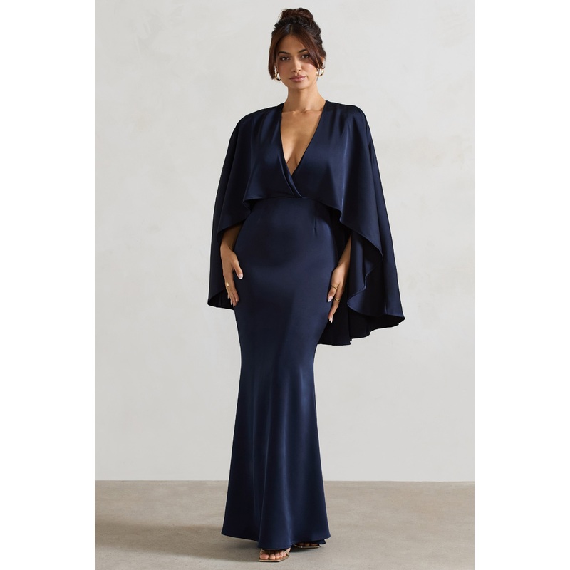 Yasie | Navy Satin Plunge-Neck Maxi Dress With Cape Sleeves
