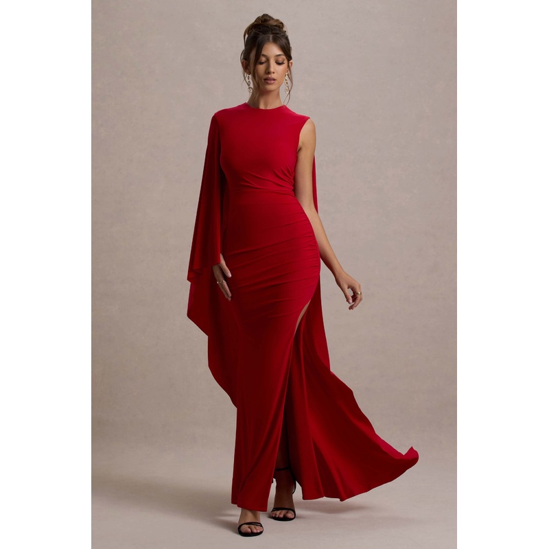 Yuna | Red Draped Maxi Dress With Cape