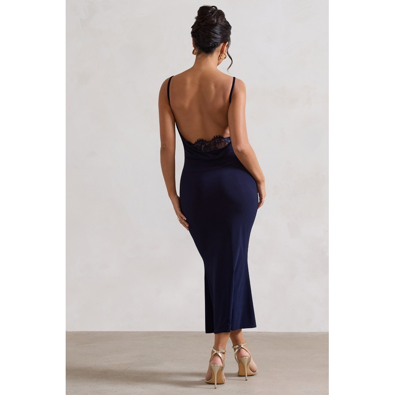 Addison | Navy Cowl-Neck Open-Back Midi Dress With Lace