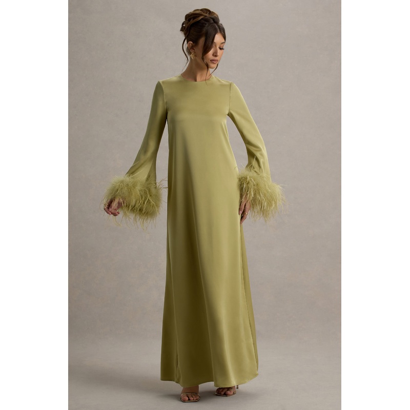 Adella | Light Green Satin Feather-Trim Maxi Dress