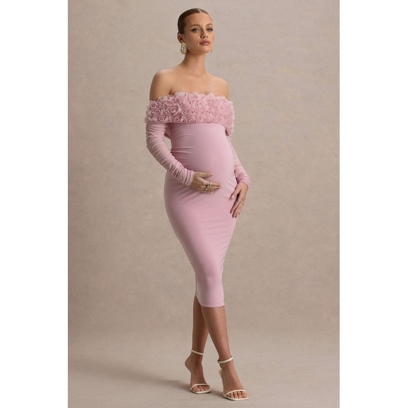 Adita | Blush Pink Mesh Floral Bardot Maternity Midi Dress