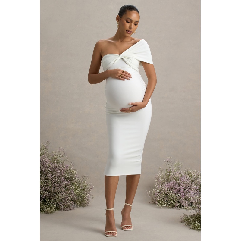 Admired | White Ruched One-Shoulder Maternity Midi Dress