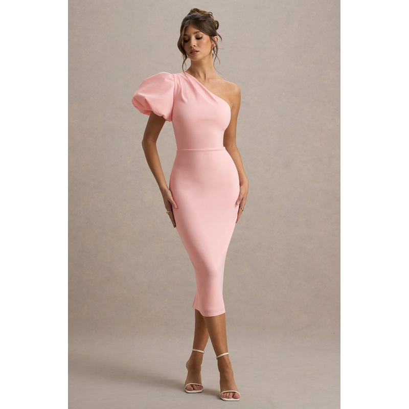 Aimee | Pink Asymmetric Puff-Sleeve Midi Dress