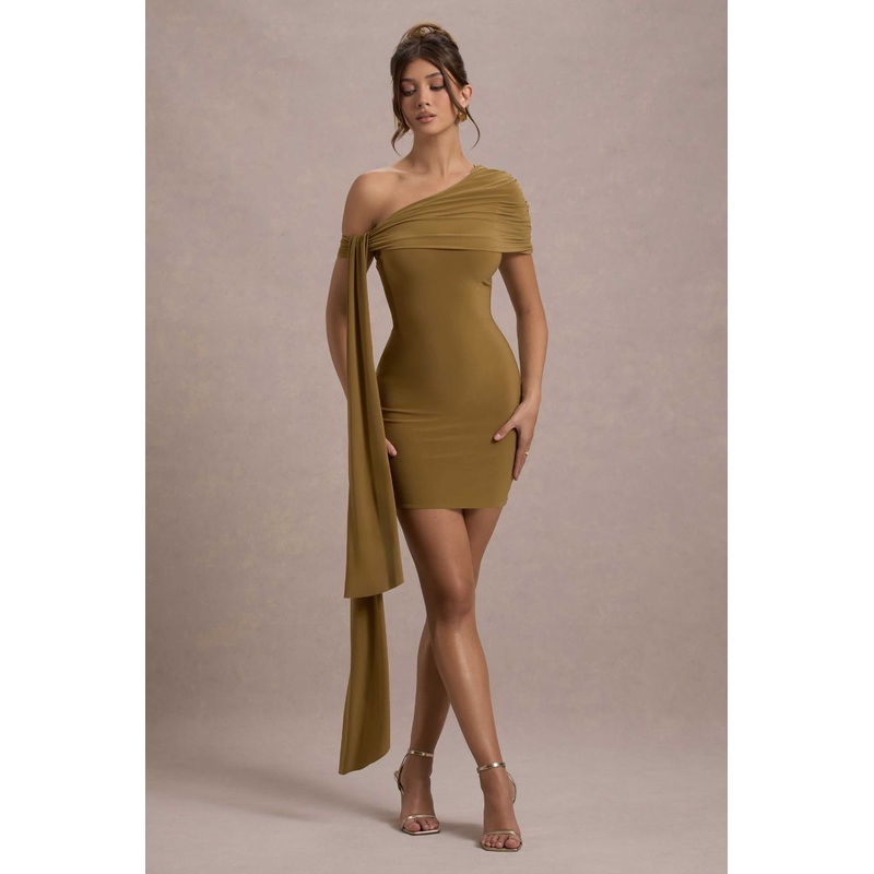 Alessio | Mustard One-Shoulder Mini Dress With Drape