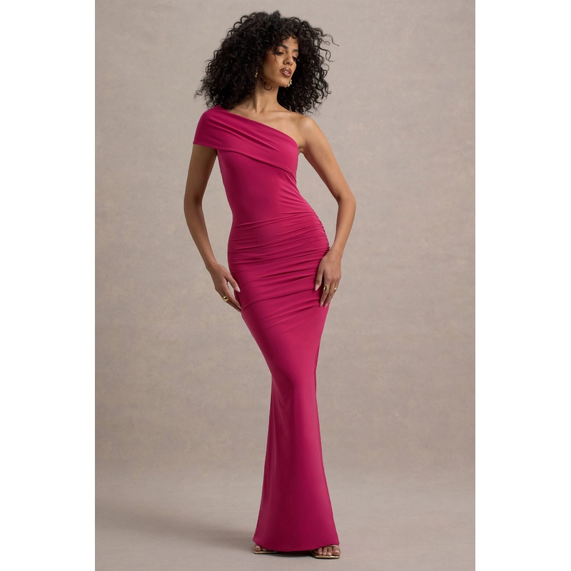 Alethea | Hot Pink Asymmetric Bardot Maxi Dress