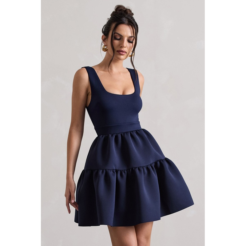 Alia | Navy Scoop-Neck Tiered Volume Hem Mini Dress