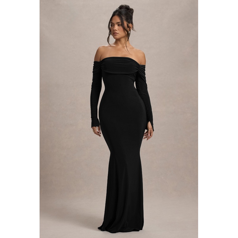 Amaia | Black Bardot Long-Sleeve Maxi Dress