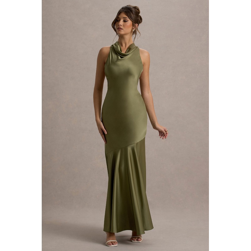 Amelita | Khaki Satin Cowl-Neck Maxi Dress