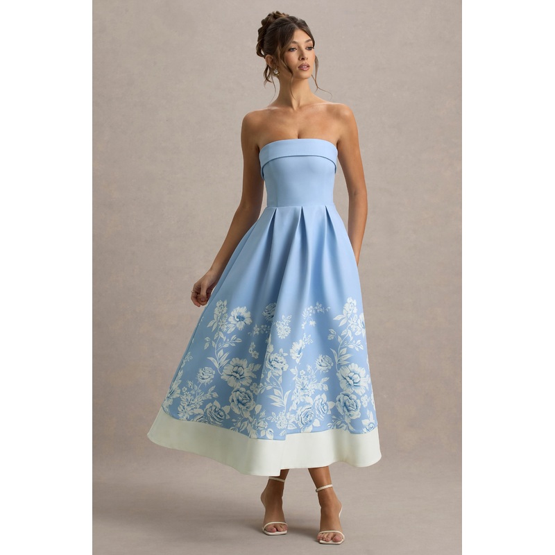 Annalise | Light Blue Floral Print Bandeau Skater Midi Dress