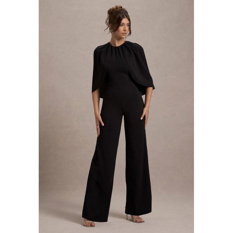 Arbor | Black Cape-Sleeve Straight-Leg Jumpsuit