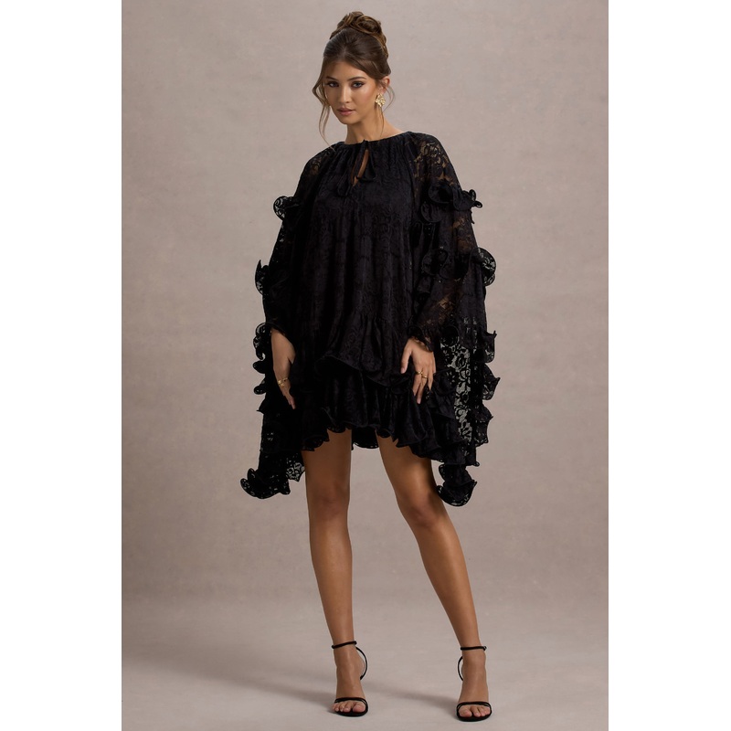 Arlington | Black Lace Cape-Sleeve Mini Dress