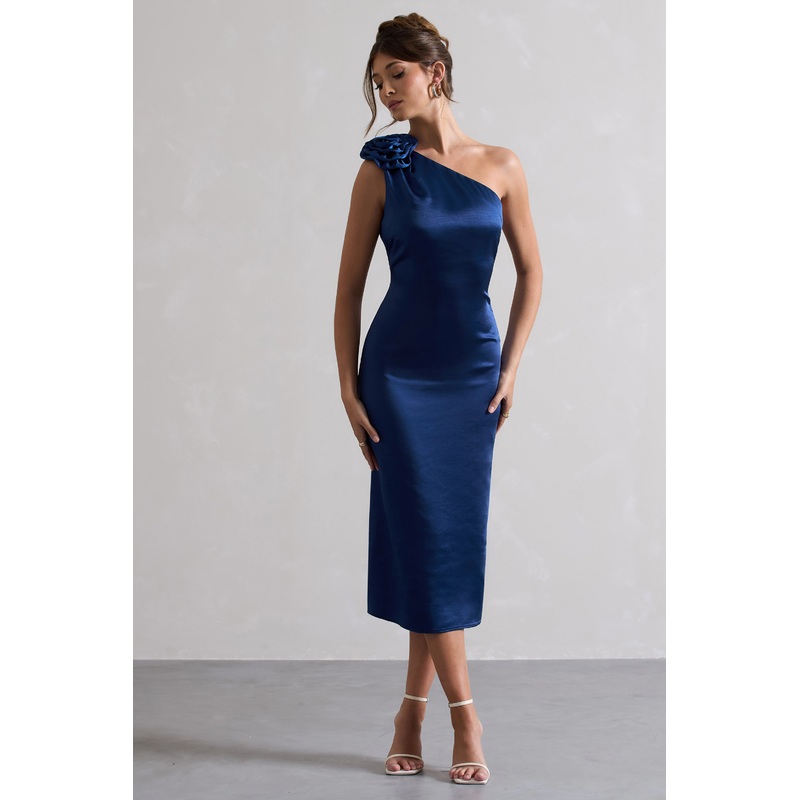 Ascot | Navy Satin One Shoulder Midi Dress With Corsage