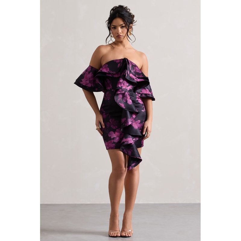Aspen | Black Floral Print Bardot Mini Dress With Ruffles