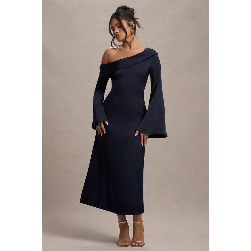 Astral | Navy Satin Asymmetric Flared-Sleeve Midi Dress