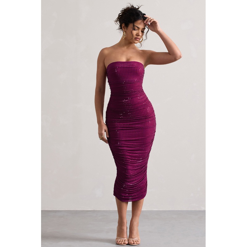 Astro | Dark Pink Embellished Bandeau Midi Dress