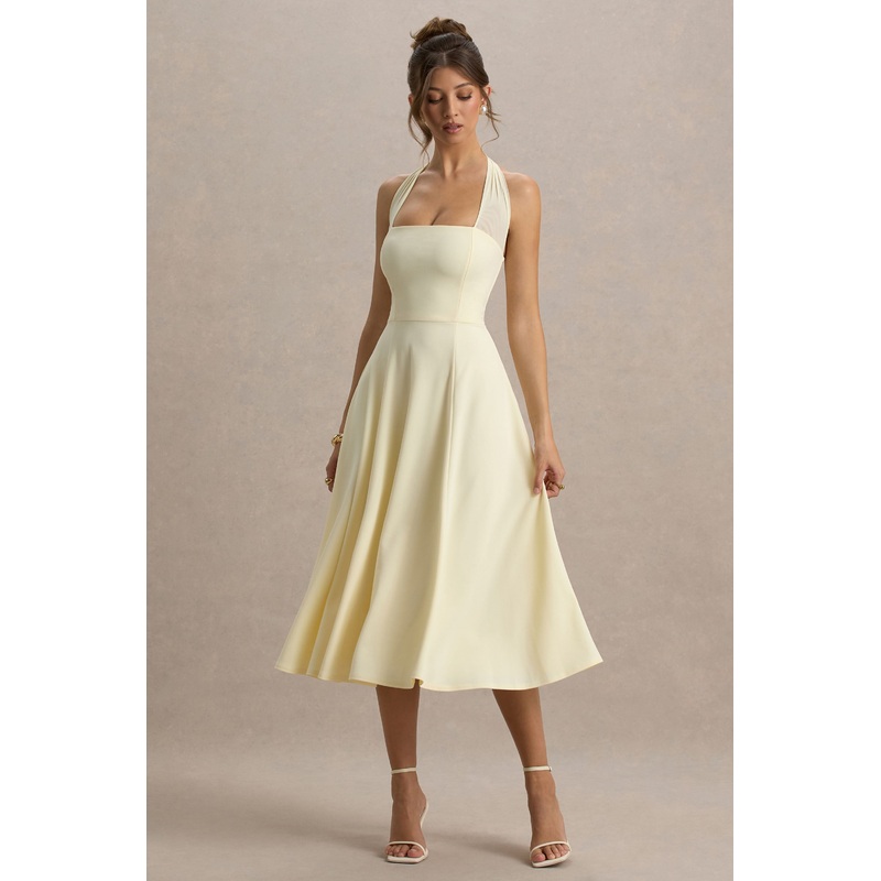 Auburn | Pale Lemon Halter-Neck Midi Dress