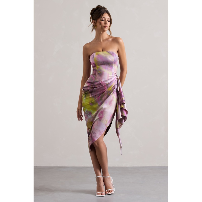 Axel | Lilac Print Satin Strapless Wrap Midi Dress