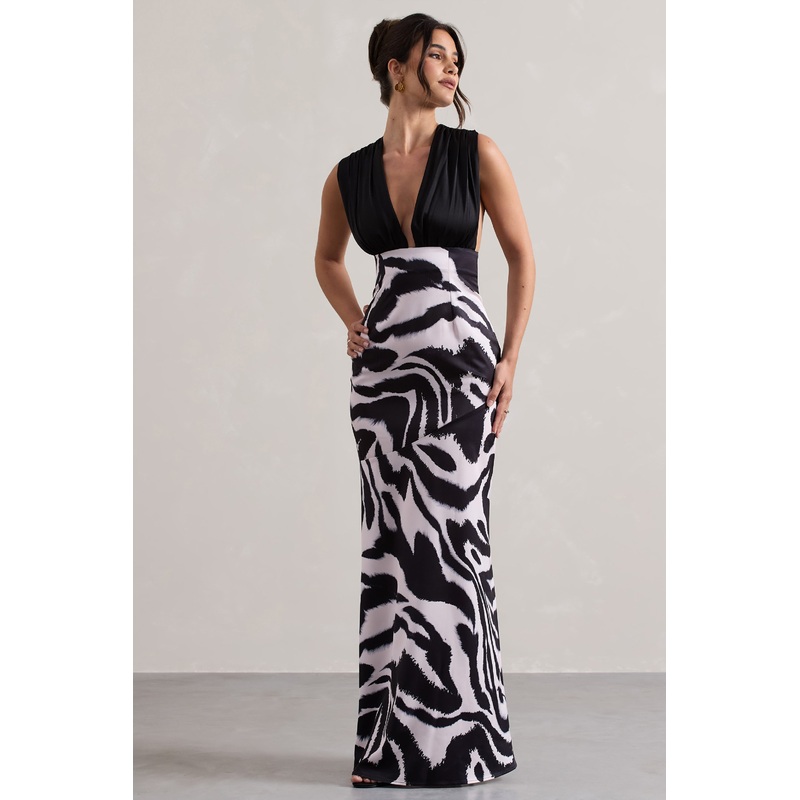 Azzara | Zebra Print Satin Ruched V-Neck Maxi Dress