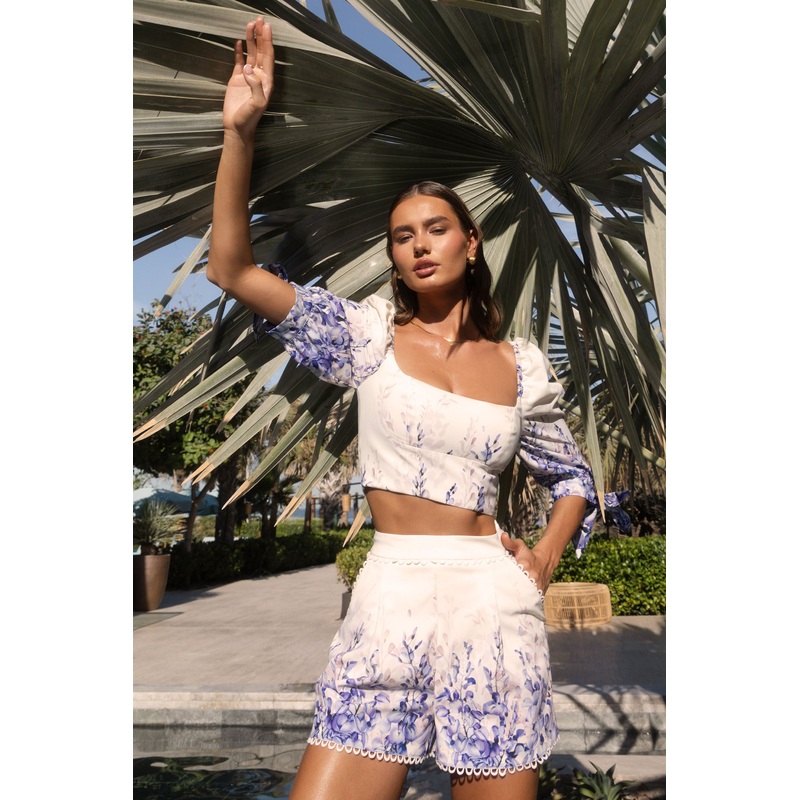 Bibi | Wisteria Print Linen Puff-Sleeve Top