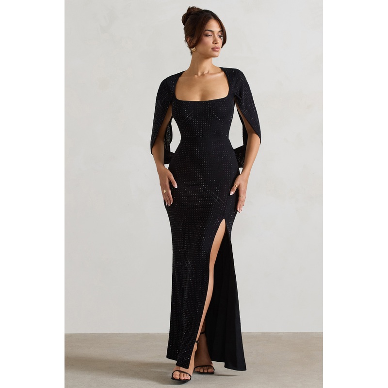 Broadway | Black Embellished Fishtail Maxi Dress With Cape Sleeves