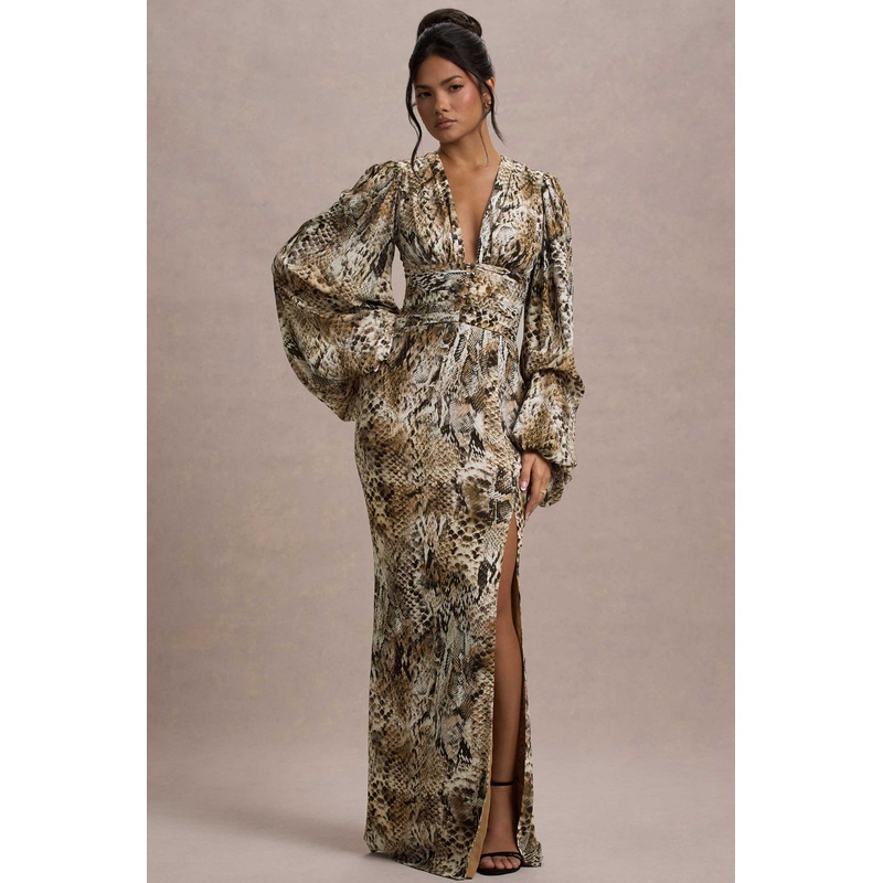 Casarile | Snake Print V-Neck Balloon Sleeve Maxi Dress