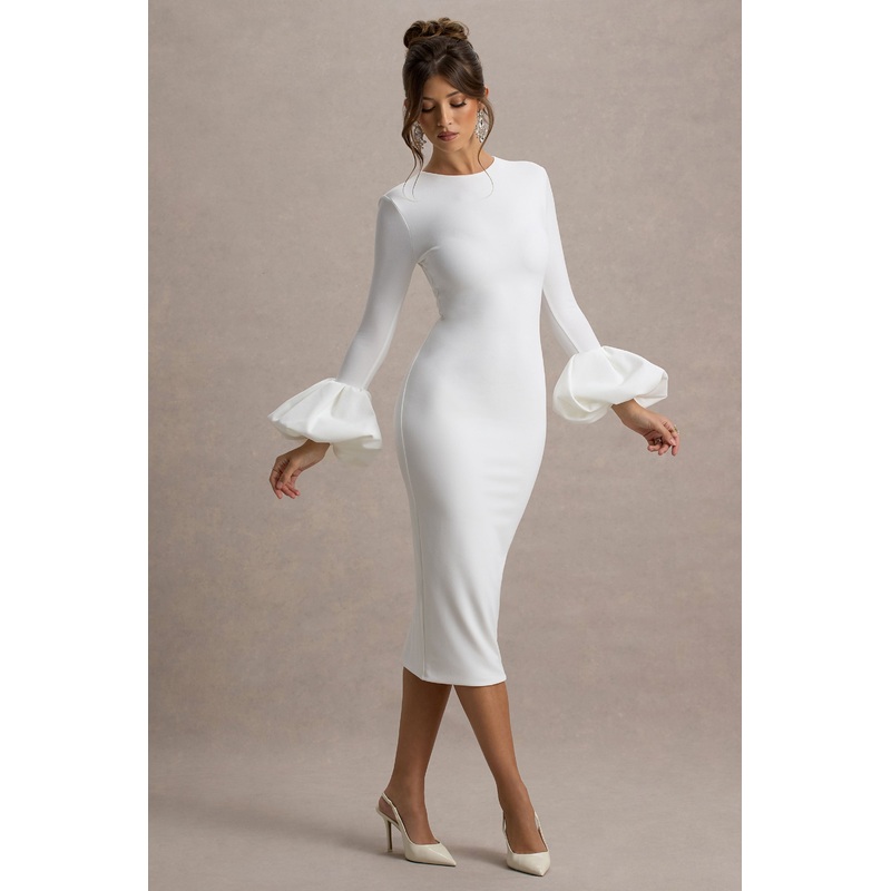 Celie | White Long-Sleeve Midi Dress With Puff Cuffs