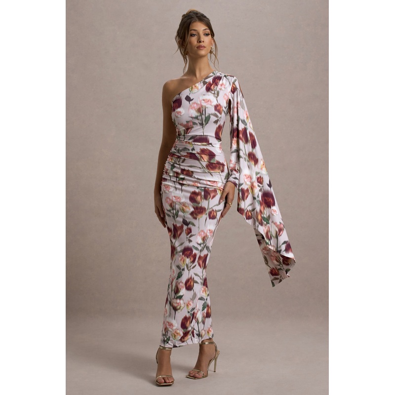 Clementina | Cream Floral Print Asymmetric Cape Sleeve Maxi Dress