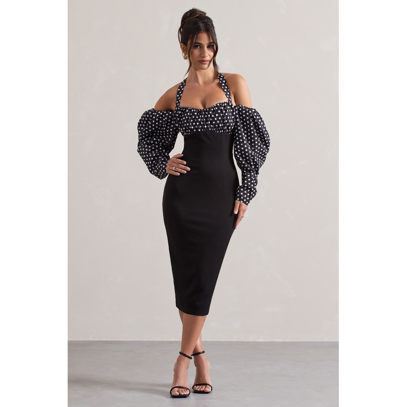 Couture Client | Black & White Polka Dot Halter-Neck Puff Sleeve Midi Dress
