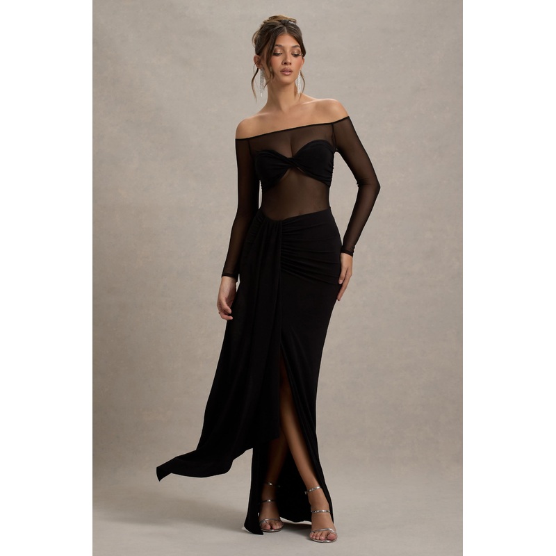 Cover Star | Black Mesh Bardot Long-Sleeve Draped Maxi Dress