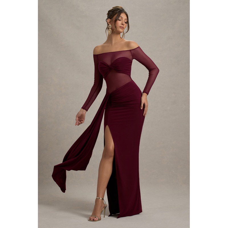 Cover Star | Burgundy Mesh Bardot Long-Sleeve Draped Maxi Dress