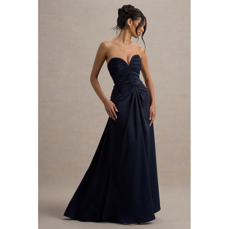 Desirie | Navy Satin Sweetheart Gathered Maxi Dress