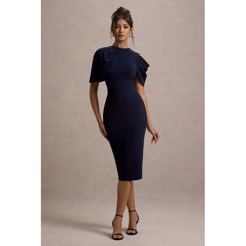 Dorothea | Navy Draped Midi Dress With Cape