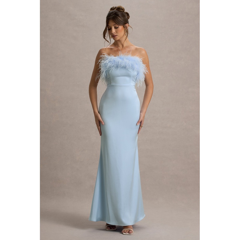 Dress For It | Powder Blue Satin Feather Trim Bandeau Maxi Dress