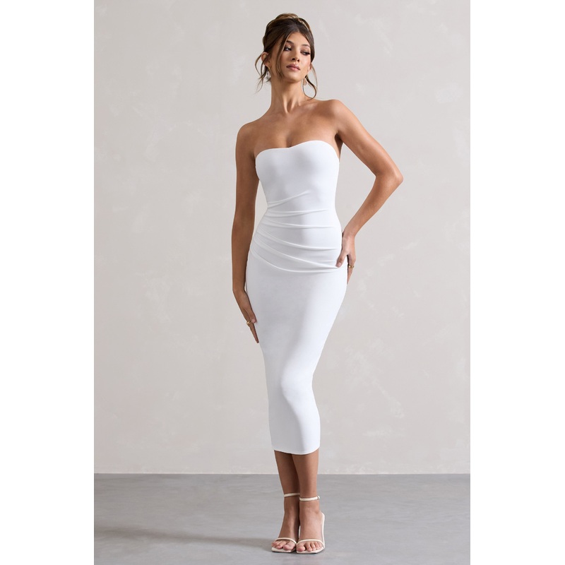 East End | White Strapless Gathered Midi Dress