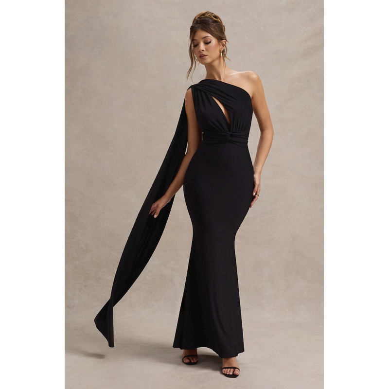 Elaina | Black Asymmetric Knot Maxi Dress With Sash