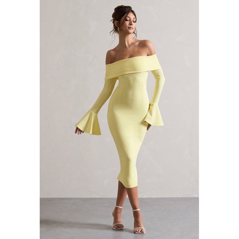 Emma | Lemon Bardot Flared-Sleeve Midi Dress