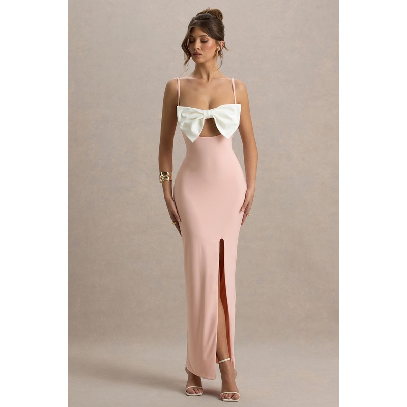 Emmalou | Pink & White Strappy Split Maxi Dress With Bow