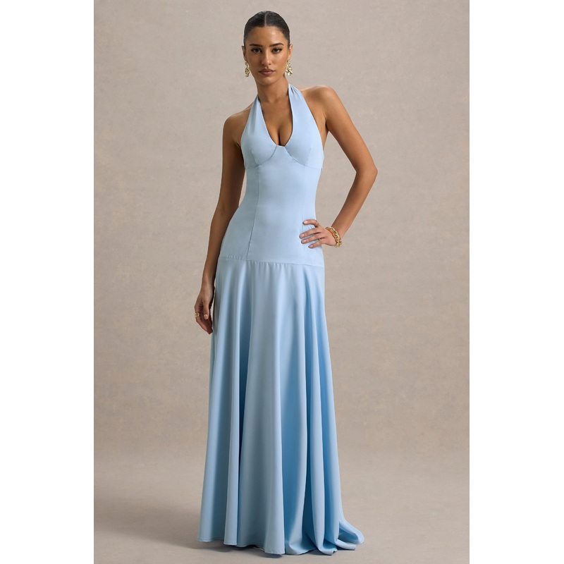 Ginevra | Powder Blue Halter-Neck Slip Maxi Dress