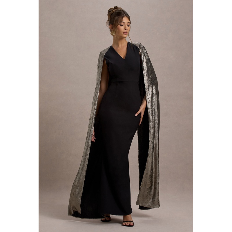 Ilenia | Black V-Neck Maxi Dress With Metallic Cape