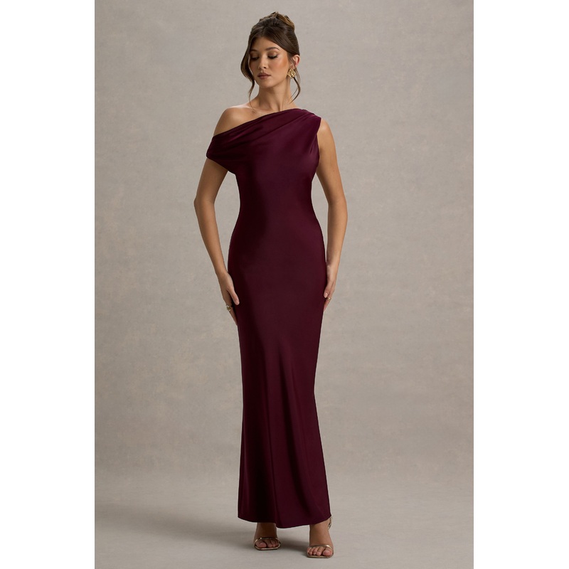 Isolde | Burgundy Satin One-Shoulder Maxi Dress