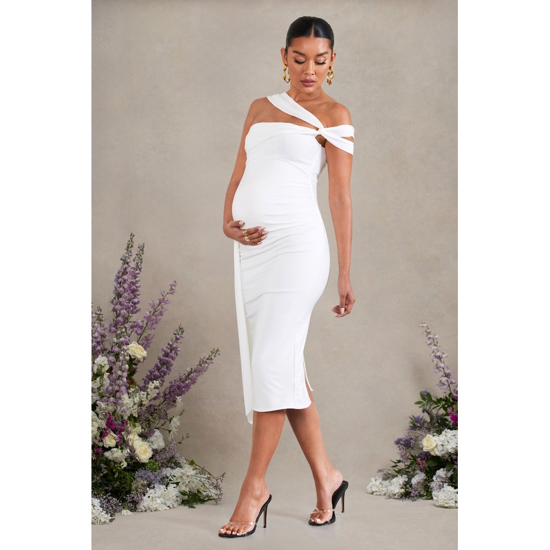 Just Wait | White Asymmetric Strappy Maternity Midi Dress With Drape