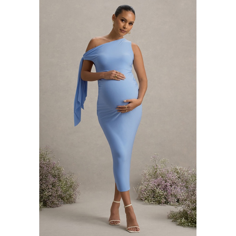 Katarine | Powder Blue Asymmetric Knot Maternity Midi Dress