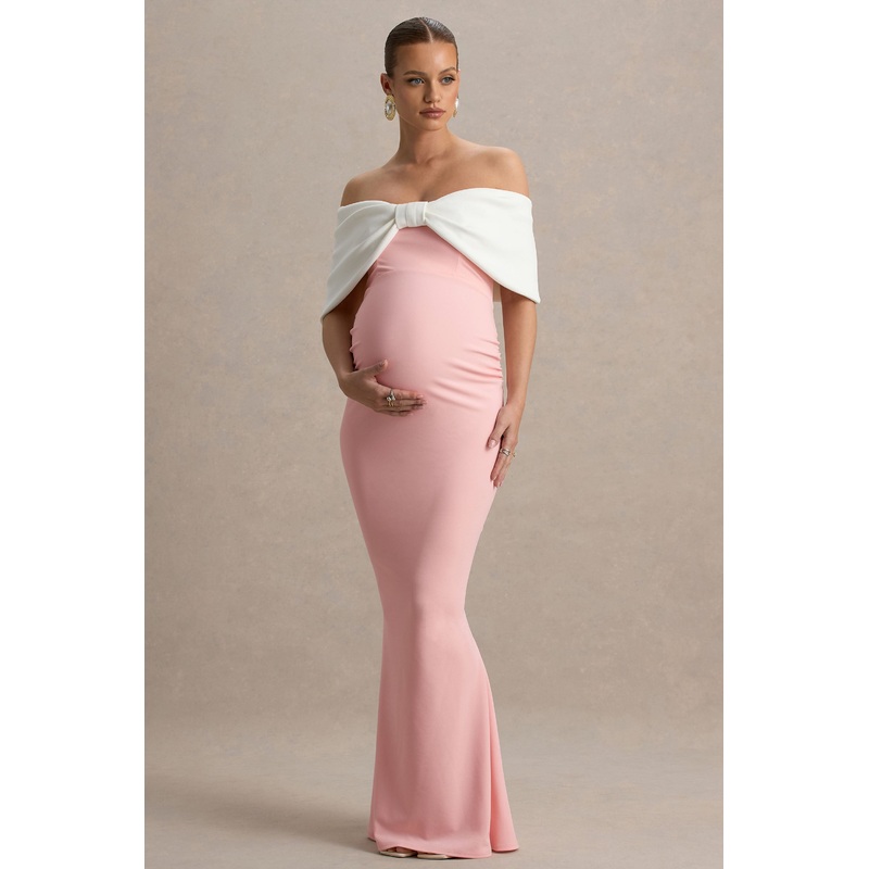 Libra | Pink & White Bow Bardot Maternity Maxi Dress