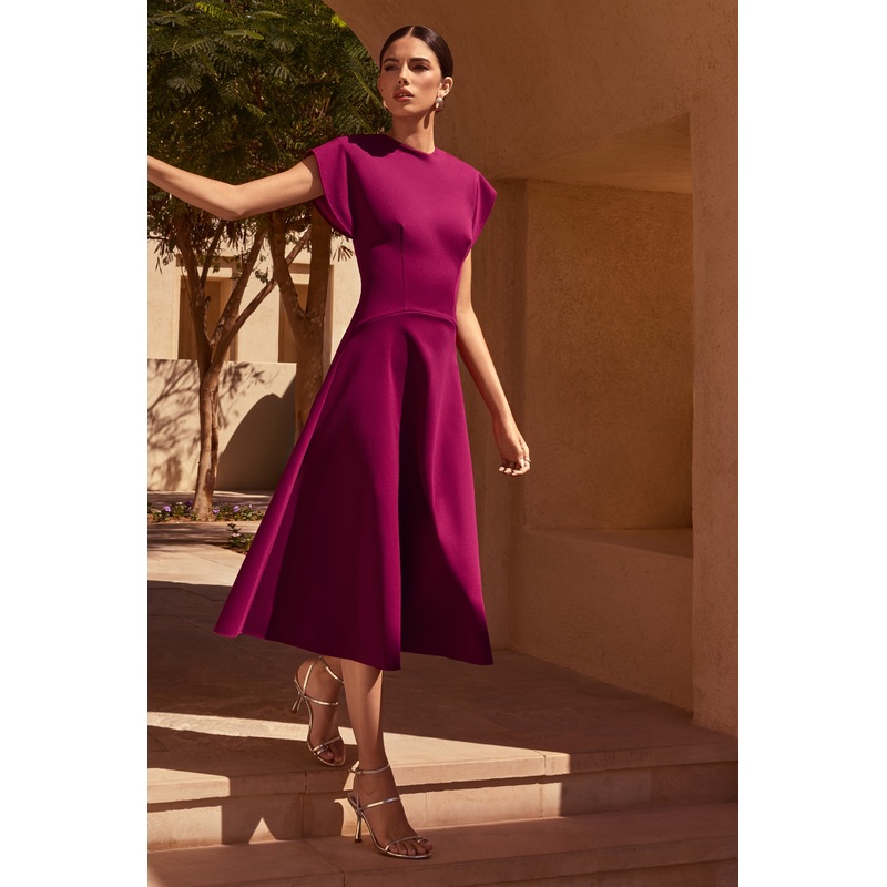 Linda | Burgundy High-Neck Cap-Sleeve Midi Dress