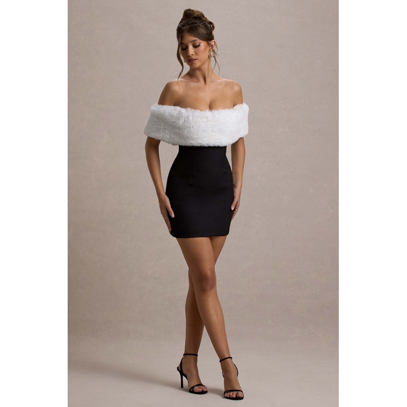 Little Luxe | Black Bardot Mini Dress With White Fur Trim