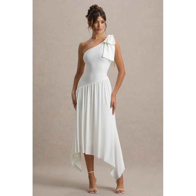 Lotus Love | White One-Shoulder Hanky-Hem Maxi Dress With Bow