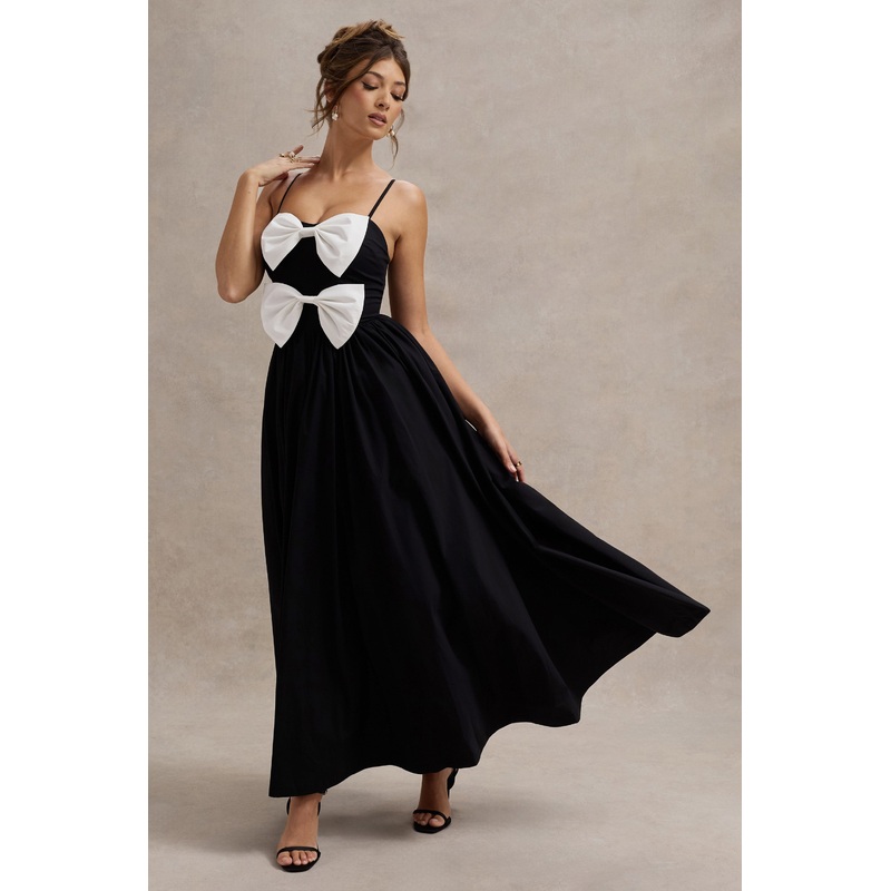 Loved Up | Black Strappy Pleated Maxi Dress With Bows