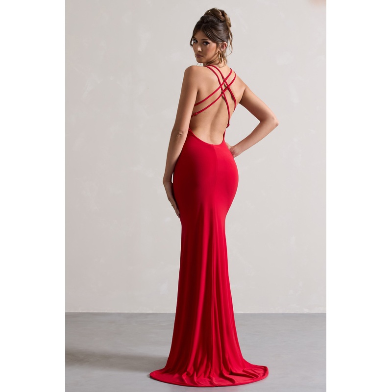 Lucky Day | Red Cross Over Back Fishtail Maxi Dress