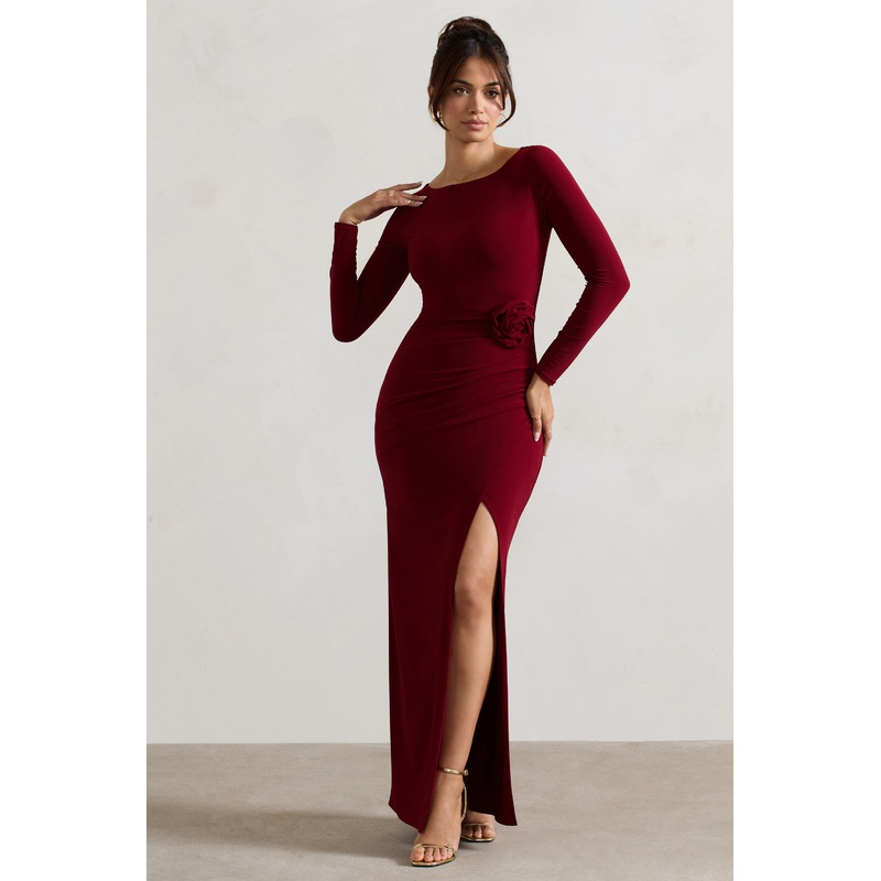 Makayla | Berry Long-Sleeve Wrap Maxi Dress With Corsages