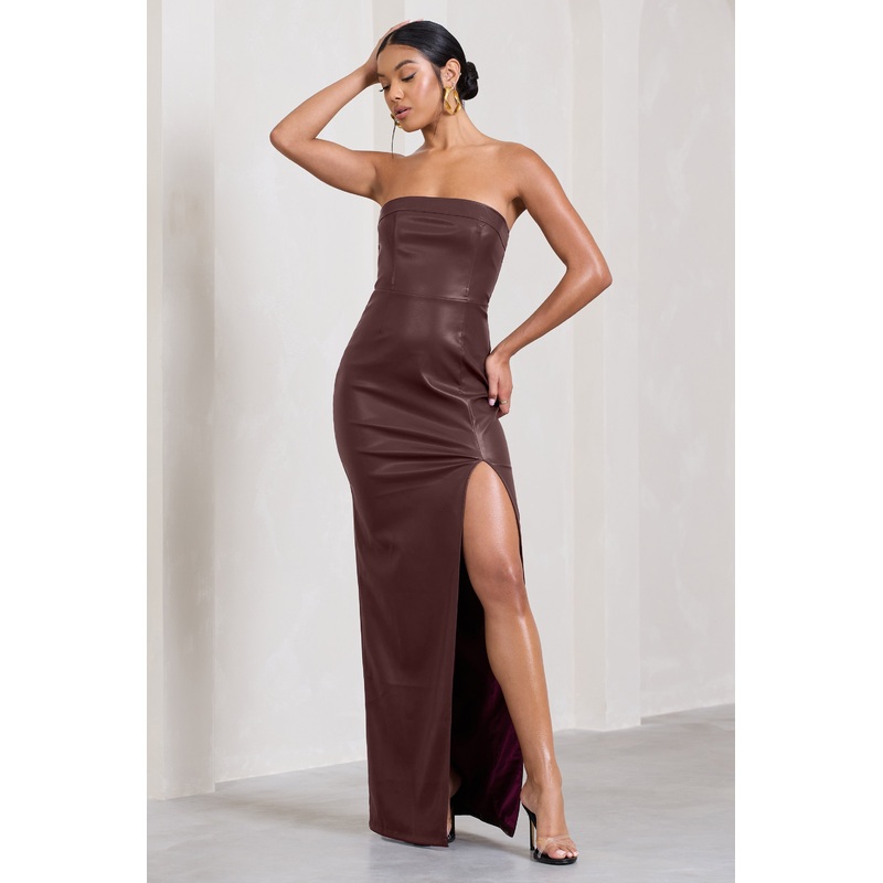 Marlene | Burgundy Faux Leather Strapless Bandeau Split Maxi Dress